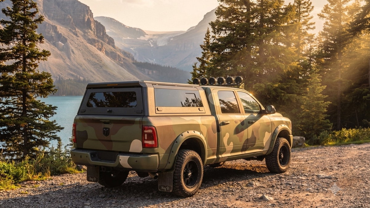 A camouflage pickup truck with a hardtop canopy is parked on a gravel road in a mountain landscape with pine trees and a lake in the background.