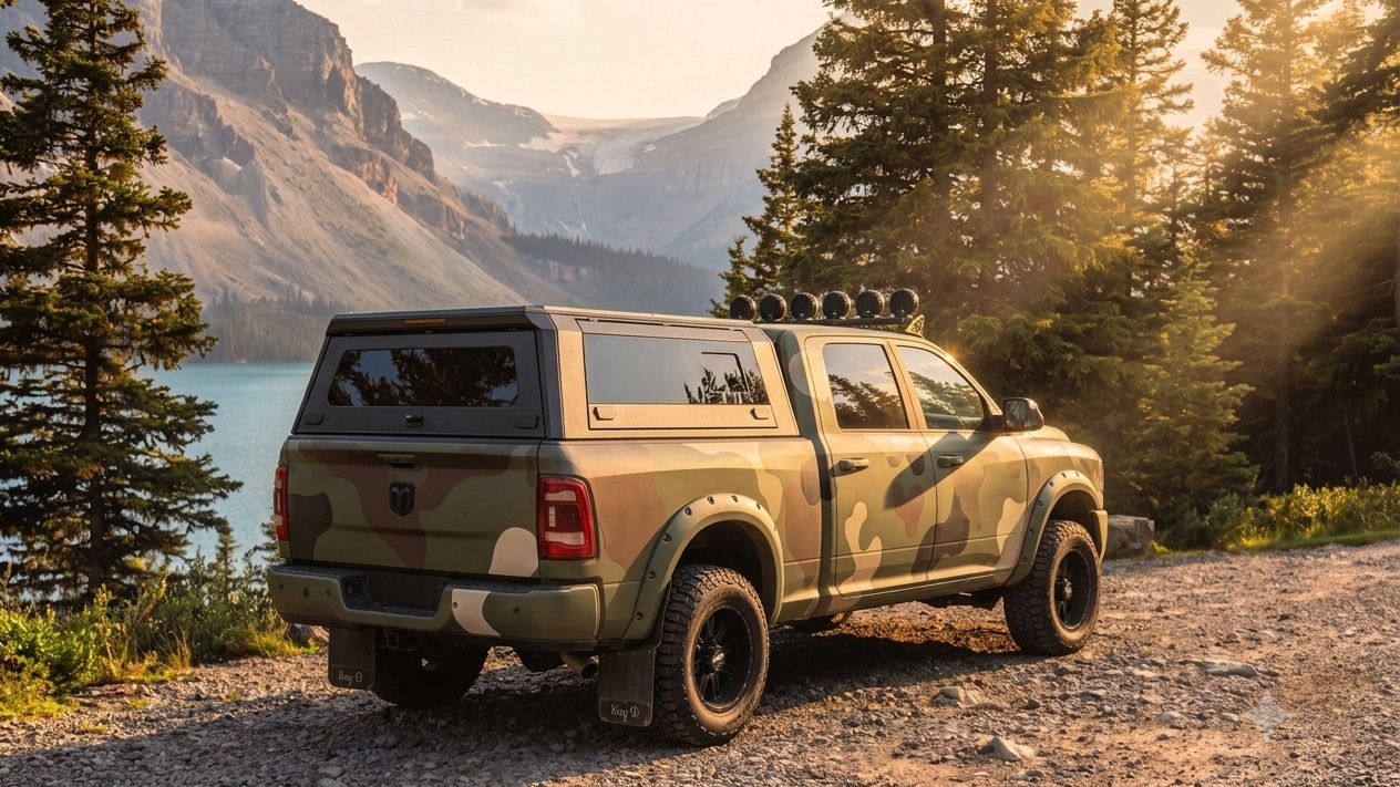 A camouflage pickup truck with a hardtop canopy is parked on a gravel road in a mountain landscape with pine trees and a lake in the background.