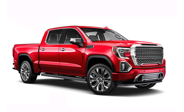 A red GMC Sierra pickup truck shown from a three-quarter front angle on a clean white background.