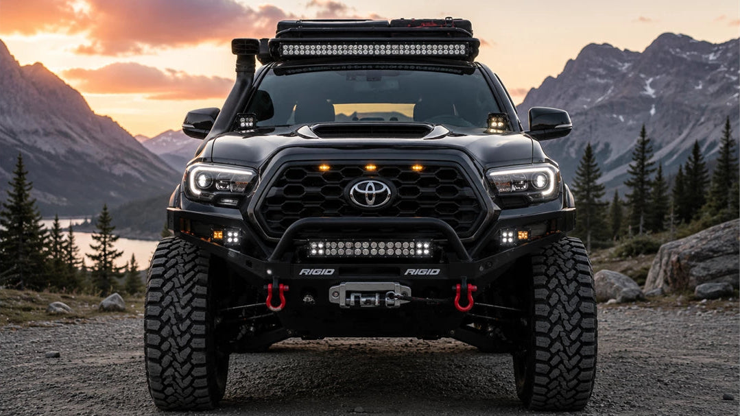 A black Toyota Tacoma off-road truck with a heavy-duty front bumper, roof light bar, and auxiliary LED lights, parked on a gravel road with mountains and a sunset lake in the background.